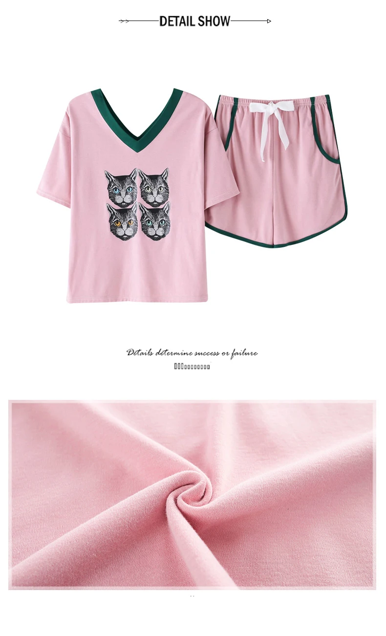BZEL/Новая модная Хлопковая женская пижама, летняя Пижама с v-образным вырезом, женская пижама с принтом кота, повседневная домашняя одежда для девочек-подростков большого размера плюс