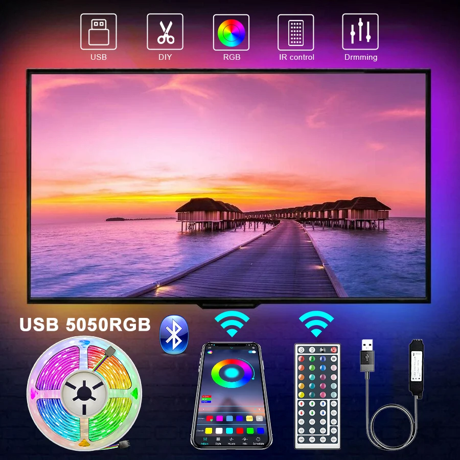 1m2m3m5m bluetooth usb led strip light 5050smd dc5v flexível não impermeável led tv backlight para casa cozinha sala de estar festa