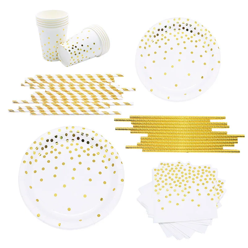 Набор одноразовой посуды в горошек из золотой фольги бумажные тарелки под