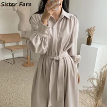 

Sister Fara 2022 Spring Autumn Elegant Lace Up Dresses for Women's Long Single Breasted Knee Dress Female Shirt Style Dresses