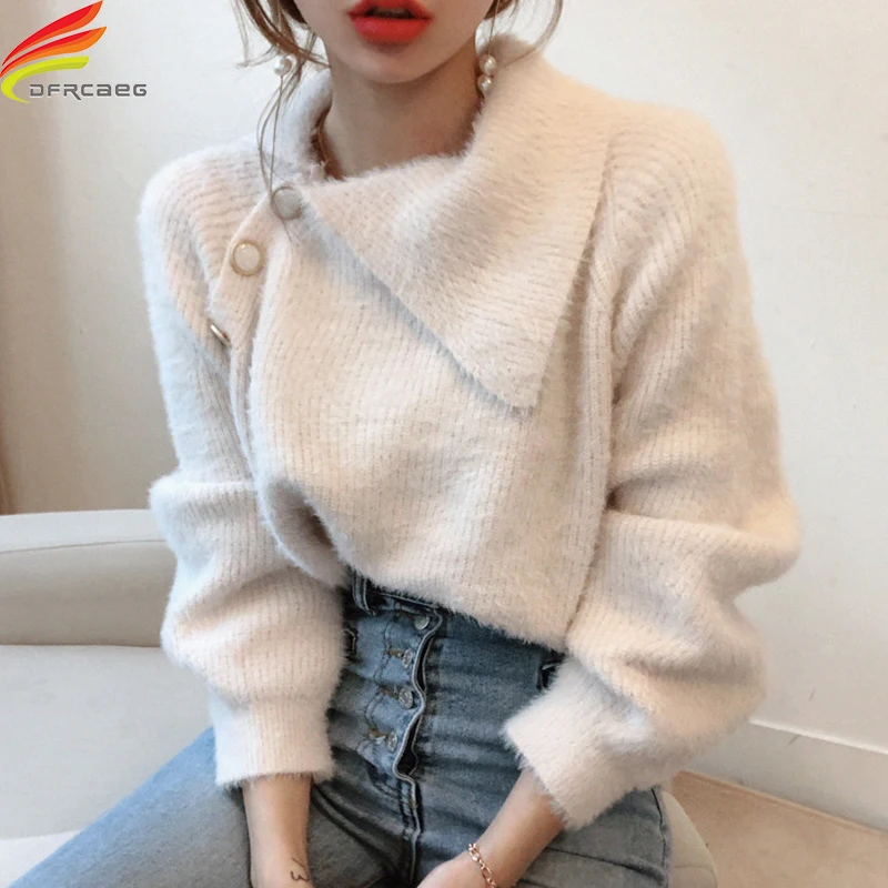 

New 2020 Autumn Winter Women's Sweaters Pullovers Warm Irregular Collar 4 Buttons Up Casual Solid Loose Jumpers Long Sleeve Tops