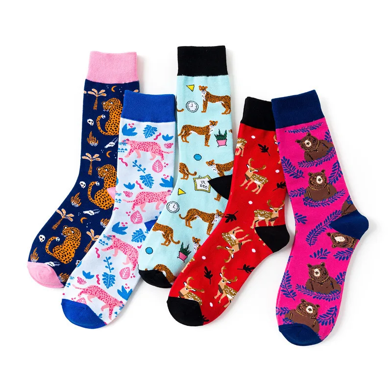 

SP&CITY 5Pairs Harajuku Women Funny Animal Leopard Streetwear Skateboard Socks Cotton High Colored Comfortable Cartoon Cool Sox