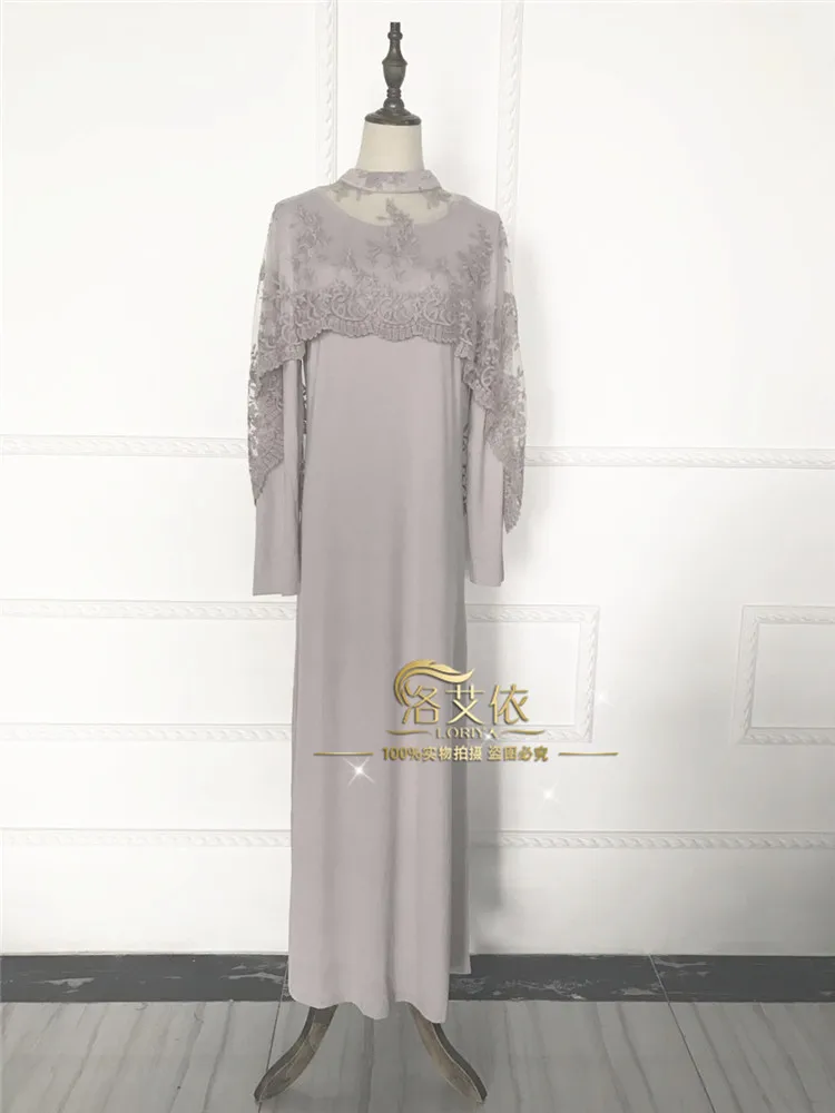 Мусульманское Модное Длинное платье из двух частей с вышивкой Eid Mubarak Robe Абая для женщин платье с длинным рукавом - Цвет: Серый