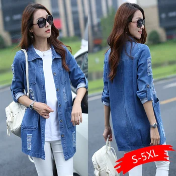 

Basic Long Jeans Coats Women Slim Ripped Denim Jacket Femme Elegant Vintage Frayed Jackets Outwear Casacos Feminino