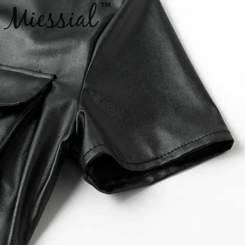 Miessial, женское офисное платье из искусственной кожи с черным поясом, женская верхняя одежда с коротким рукавом, модное платье миди, весеннее сексуальное элегантное вечернее платье