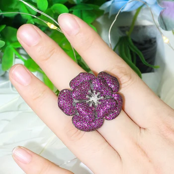 

LUALA 3D Big Hot Pink Red Cubic Zircon Flower Adjustable Finger Ring for Women Engagement Wedding Party Bridal Jewelry R173