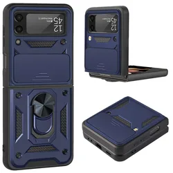 Magnetic Car Ring Shockproof Armor Stand Holder Phone Case for Galaxy Z Flip 3 (Navy)