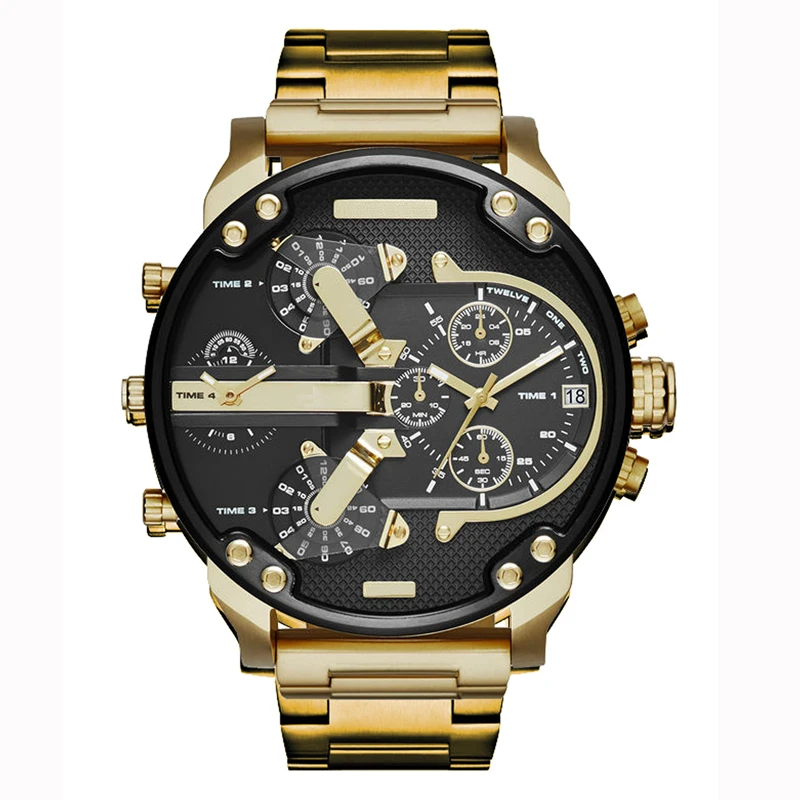 Мужские кварцевые наручные часы из нержавеющей стали с многофункциональным золотым циферблатом с двумя часовыми поясами, автоматические часы с датой класса люкс