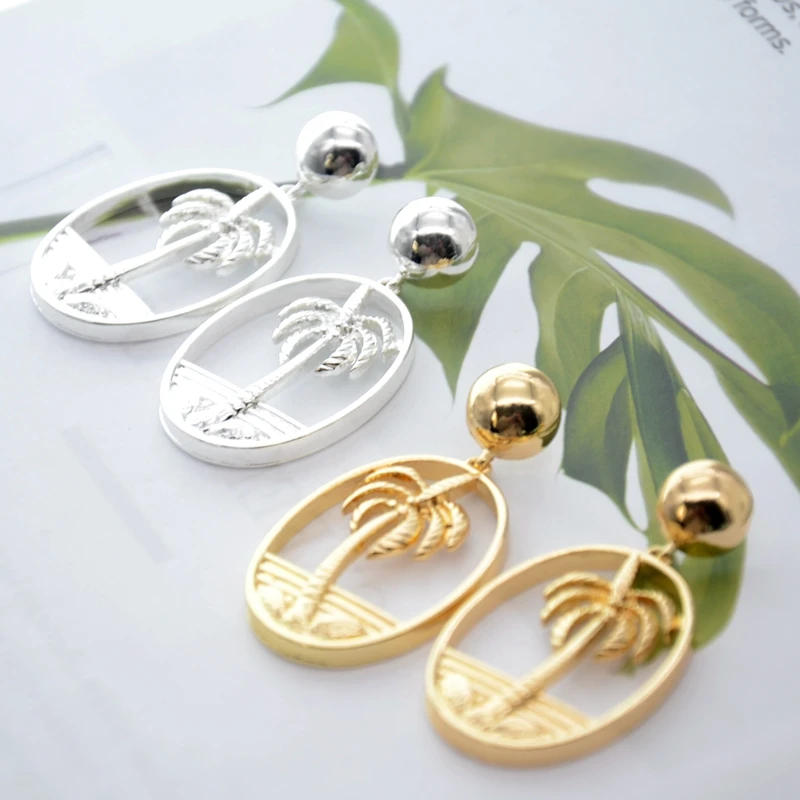 

SRCOI Fashion Simple Coconut Palm Tree Dangle Earring Gold Silver Color Big Round Circle Summer Holiday Hawaii Drop Earrings