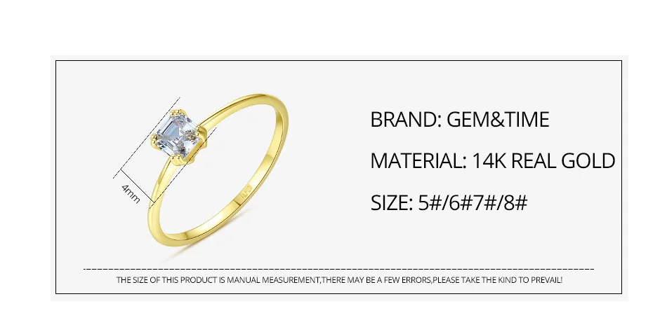 Gem&Time, 4 мм, квадратный циркон, 14 к, желтое золото, кольца на палец для женщин, Свадебные Роскошные драгоценные камни, крошечное кольцо, обручальное кольцо, ювелирное изделие R14152