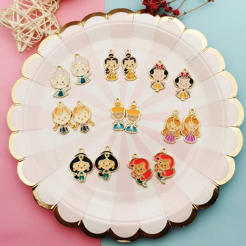 10pcs/pack Girl princess mermaid Enamel Charms Metal Gold Pendants