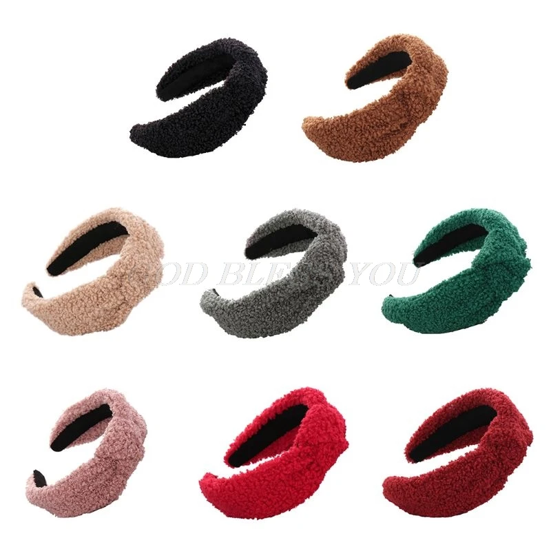 Women Winter Thick Fluffy Plush Headband Solid Color Twist Knot Wide Hair Hoop