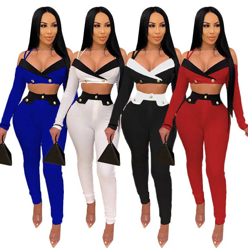 

Adogirl 2 Piece Set Women Sexy V Neck Long Sleeve Crop Top And Pants Matching Set Fashion Club Outfits Female Tracksuit Plus Siz