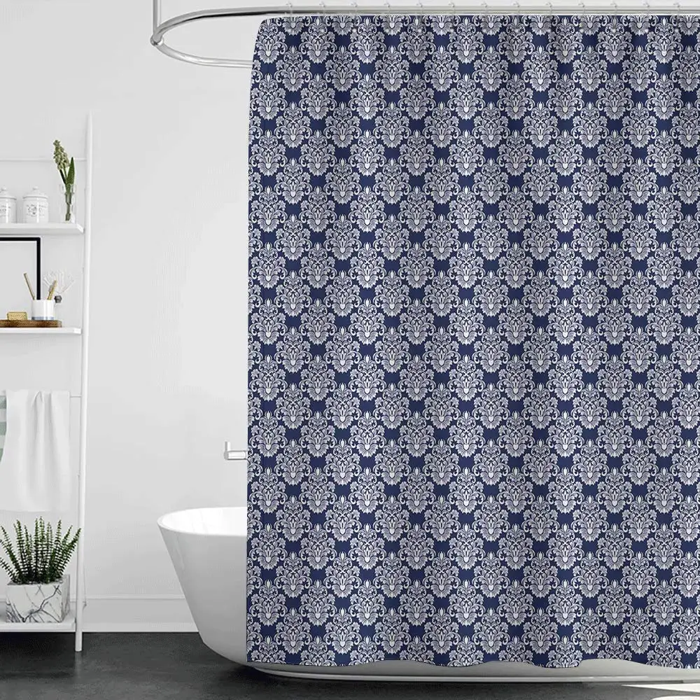

Shower Curtains for Bathroom Aqua Navy Blue,Abstract Floral Damask with Antique Victorian Design Renaissance Flourish,Dark Blue