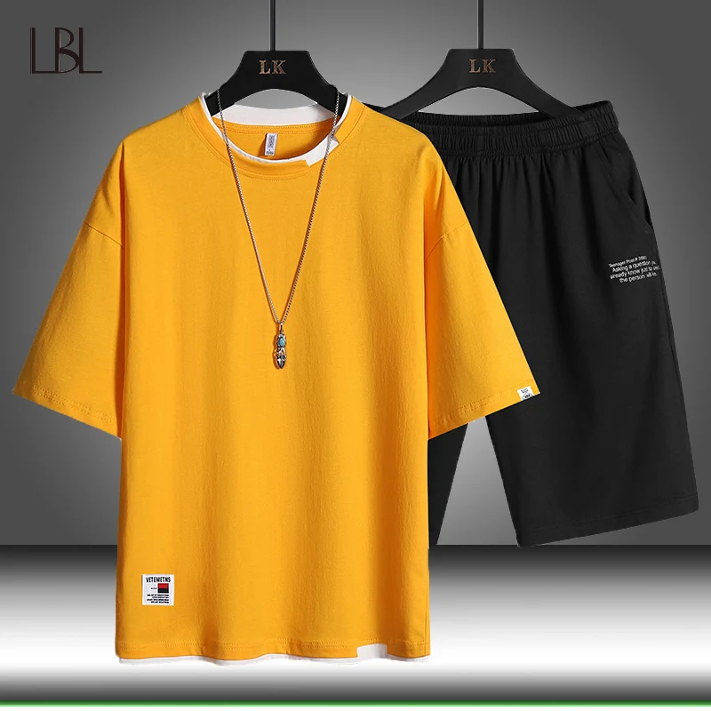 Tracksuit Male Sportswear Mens Tshirts 2piece-Set Casual Summer New Short Solid Pullover
