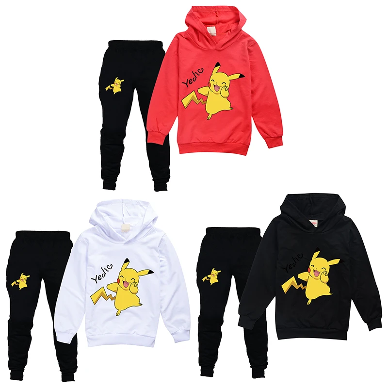 Anime Pokemon Kid Pikachu Clothing Autumn Winter Boys Girls Clothes Long Sleeve Suit Tracksuit Hoodies Sets | Дом и сад