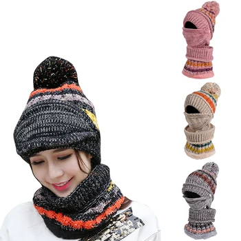 

Fashion Winter Women's Knitted Hats, Outdoor Sports CuteThick Velvet, Warm Masks, Hats and Scarves Three Set