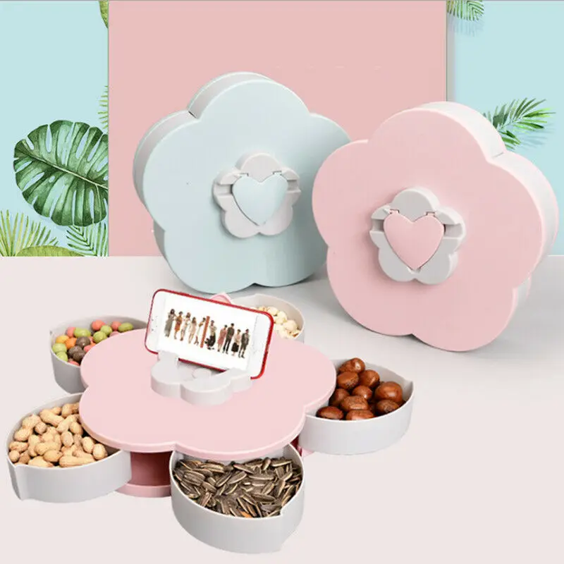 Creative Plastic Floral Rotate Open Dried Fruit Flower Plate Candy Snack Plates Pink and Blue