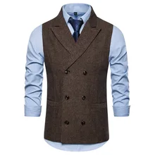 AliExpress Autumn New Style Men Casual ren zi ni Closure Collar Double Breasted Waistcoat 9738