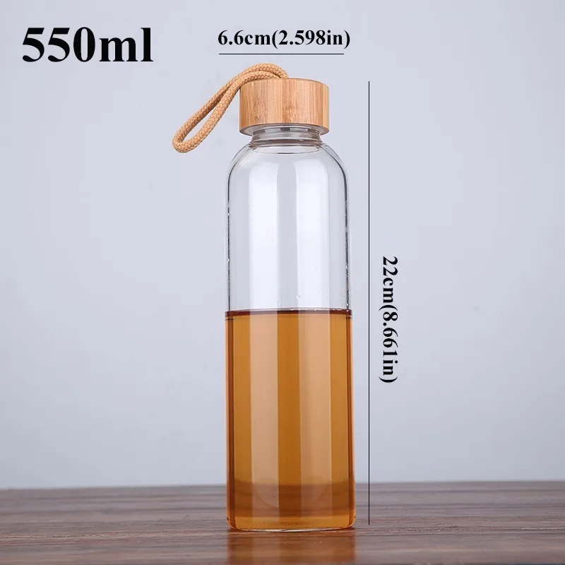 550mlC217BambooLid 550 мл на открытом воздухе портативная Спортивная стеклянная бутылка на веревочке Тур посуда для напитков короткая машина Carafe для взрослых бутылка для чая прямая Питьевая - Цвет: 550mlC217BambooLid