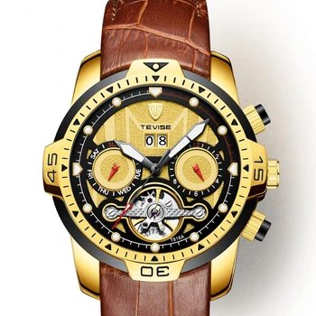 

High Quality Leather stap Mens gold Watches Business Men Tourbillon Waterproof Automatic Mechanical Watch Relogio Masculino