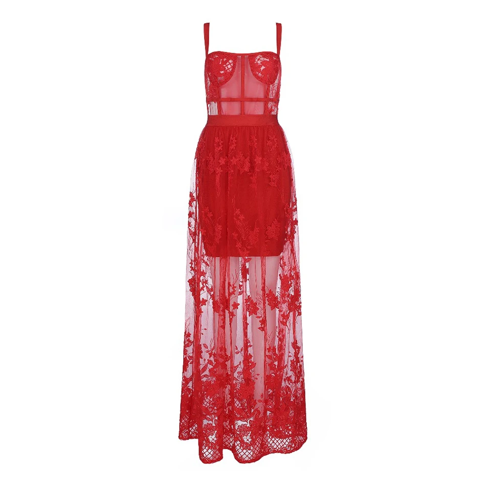 Ailigou2019 осеннее женское длинное Бандажное платье в пол, вечерние платья знаменитостей, сексуальное облегающее платье, кружевное платье с цветочным узором - Цвет: Red