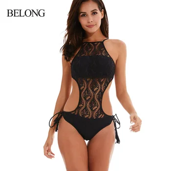 

Solid Color Backless Hollow out Lace Bathing Suit Women's