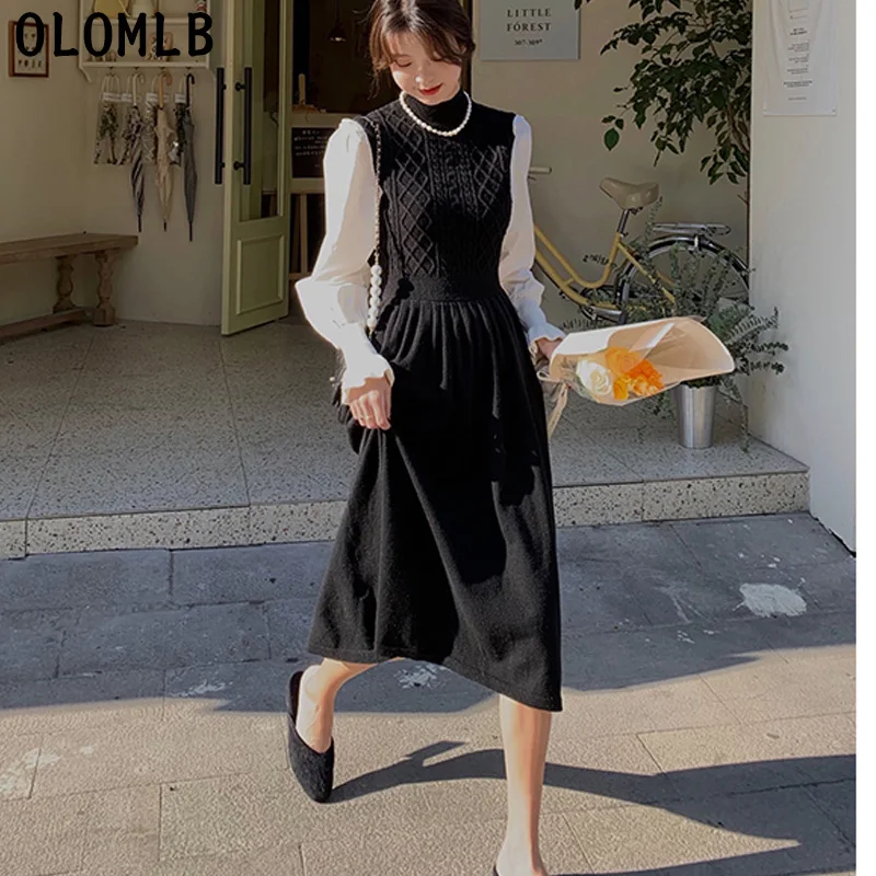 

One Piece Autumn Stitching Sweater Dress Women 2020 Autumn New French Knit Dress Woman Slim Korean Long Sleeve Midi Dresses Lady