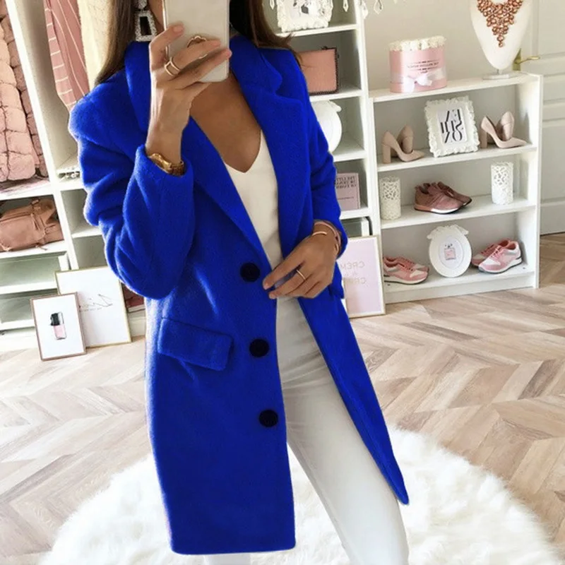 Зимнее длинное шерстяное пальто, осеннее пальто для женщин, Дамское пальто размера плюс 5XL, Повседневная однотонная женская верхняя одежда, куртка Casacos Feminino - Цвет: Blue