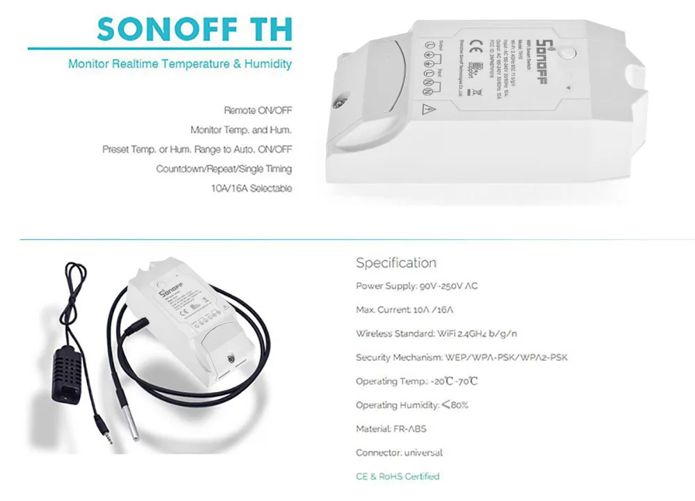 Sonoff TH10 Смартфон Датчик температуры и влажности для умного дома wifi термостат WiFi умный переключатель пульт дистанционного управления