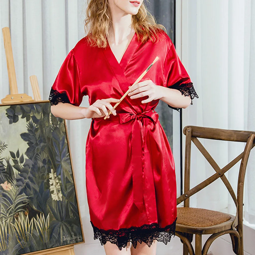 New Women Satin Short Robe Solid Robe Kimono Sexy Lace Trim Bathrobe Sleepwear Bride Bridesmaid Sleepwear Patchwork Pajamas 9.3