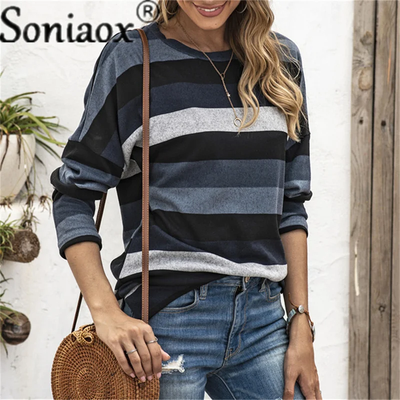 2021 Autumn Winter Women Plush Round Neck All-Match Fashion Hooded Casual Loose Oversized Stripe Printing Warm Ladies Sweatshirt