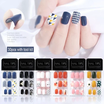 

30PCS Fake Nails with Glue and Tool Pack High Quality Ultra-thin Reusable Press on Nails with Design for Women Nail Art DIY 2020