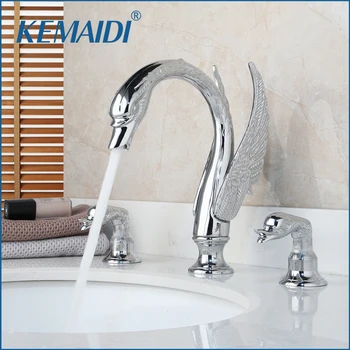 Online KEMAIDI Solid Brass Bathtub Torneira Chrome Finished Swan 3 PCS Deck Mounted Shower Bathroom Vessel Basin Sink Faucet Mixer Tap