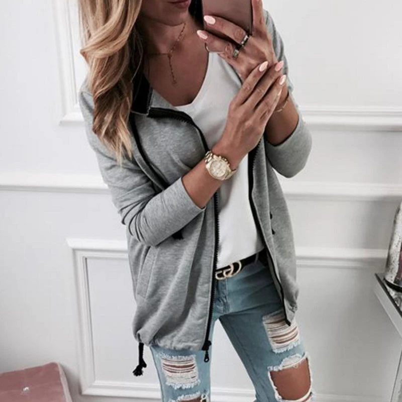 

Women Jacket 2020 Spring Autumn Jacket Women Zipper Coat Drawstring Long Sleeve Jacket Ladies Hooded Coats Womens Pocket Top