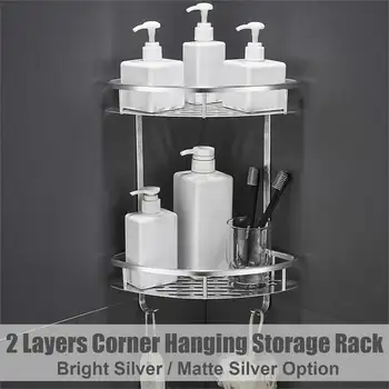 

Silver 2 Layers Corner Hanging Storage Rack Holder Metal Kitchen Tool Draining Organizer Shelf Bathroom Wall Shelf Accessories