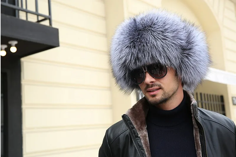 Winter Men's 100% Real Silver Fox Fur Bomber Hat Raccoon Fur Ushanka Cap Trapper Russian Man Ski Hats Caps Real Leather