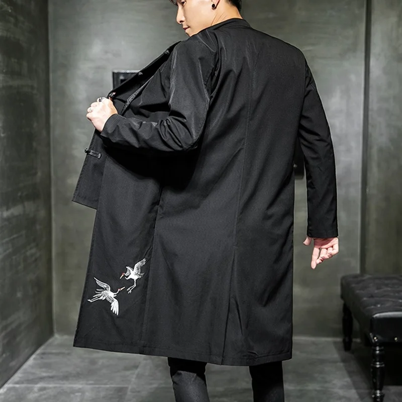 Chinese Style Long Windbreaker Jacket Men Streetwear Oriental Clothes Men Hip Hop Chinese Mandarin Jacket Coat KK3150