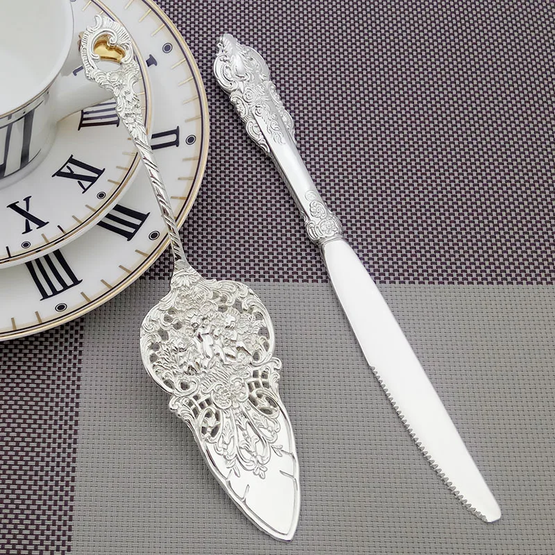 

New 2pcs/set Stainless Steel Baroque Flatware Wedding Cake Knife Shovel set For Wedding Birthday Party Decoration Silver Cutlery