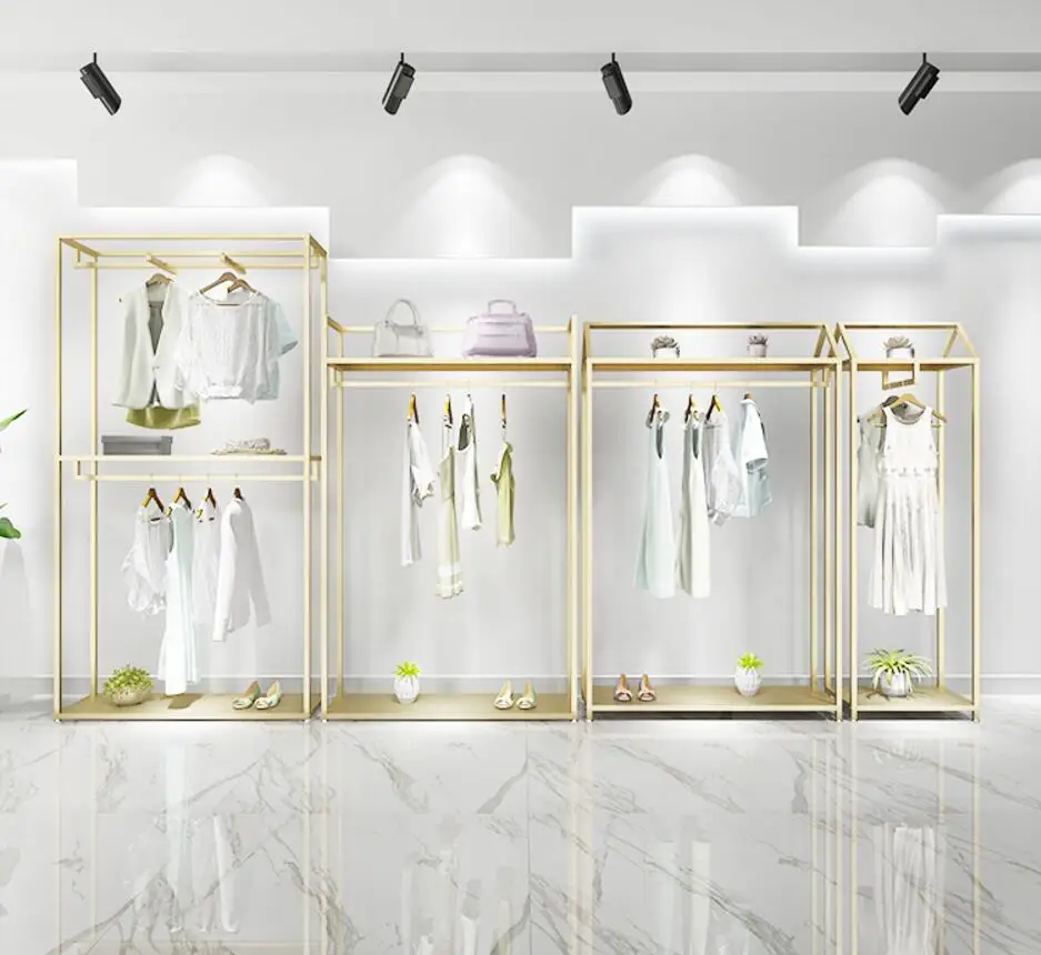 

Gold clothing store display shelf floor type double layer hanging clothes shelf men's and women's clothing store decoration desi