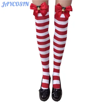 

JAYCOSIN Women Clothes Winter Warm Christmas Stripe Print Long Tube High Knee Socks Women Fashion Thigh High Socks Girls 1106