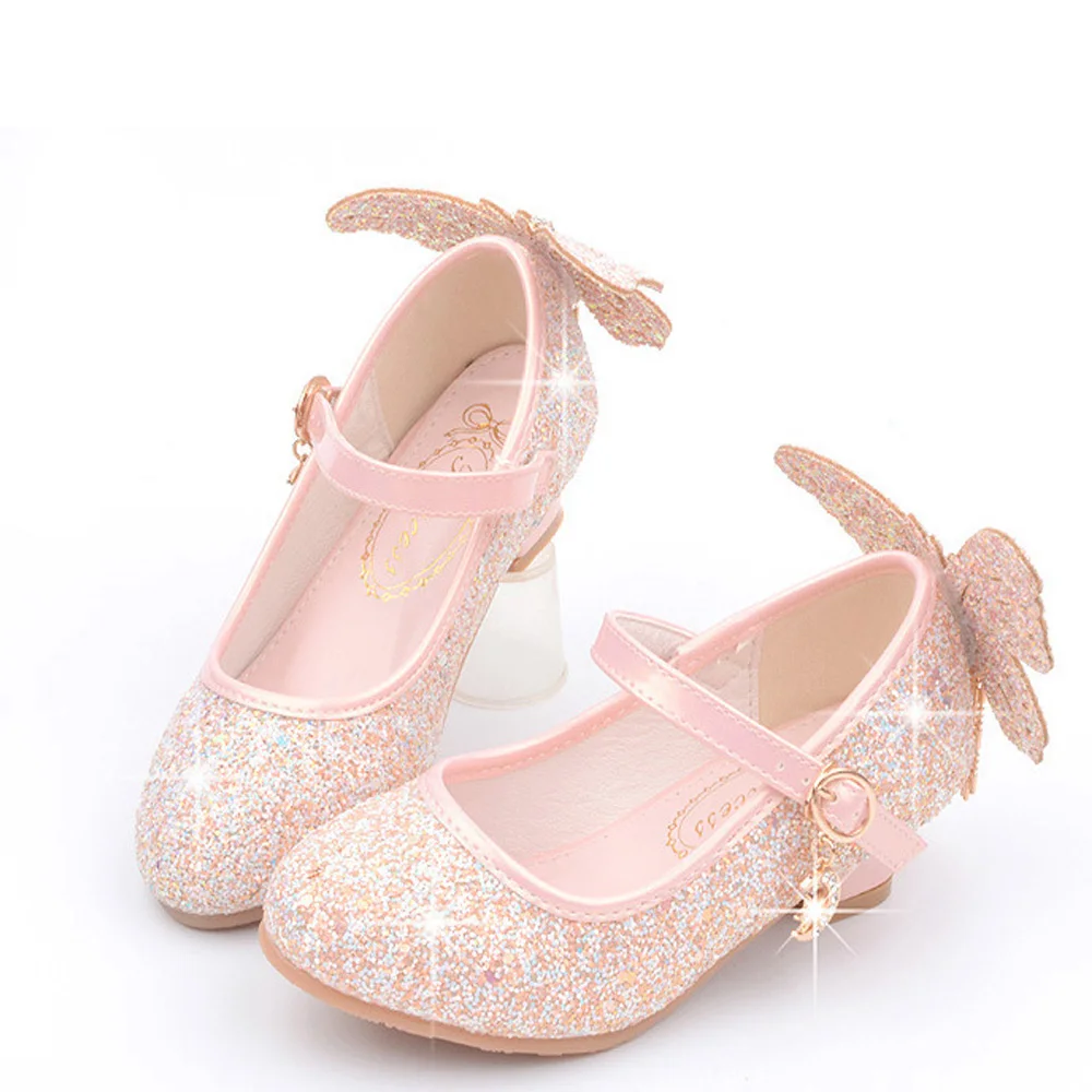 Детская блестящая обувь для девочек; chaussures prinsessen schoenen; блестящие босоножки с бантом; модельные туфли на высоком каблуке - Цвет: Розовый