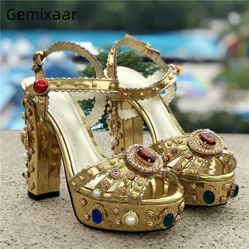 

High Platform Gladiator Sandals Women Ankle Strap Open Toe Jeweled Diamond Rhinestone Metal Decor Chunky Heel Summer Sandalias