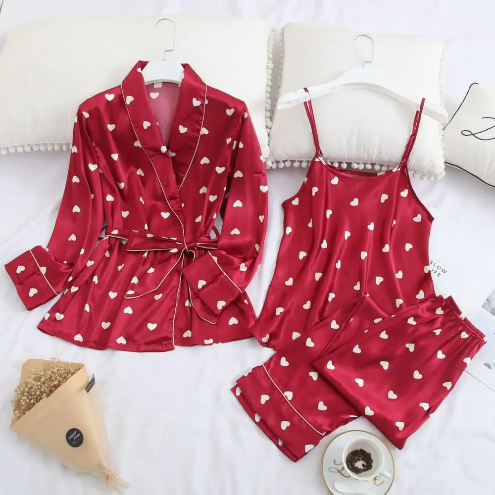 Spring Women 3 Pieces Silk Pajamas Sets with Pants Polka Dot Spaghetti Strap Pyjama Satin Elegant Sexy Homewear Pijama mujer