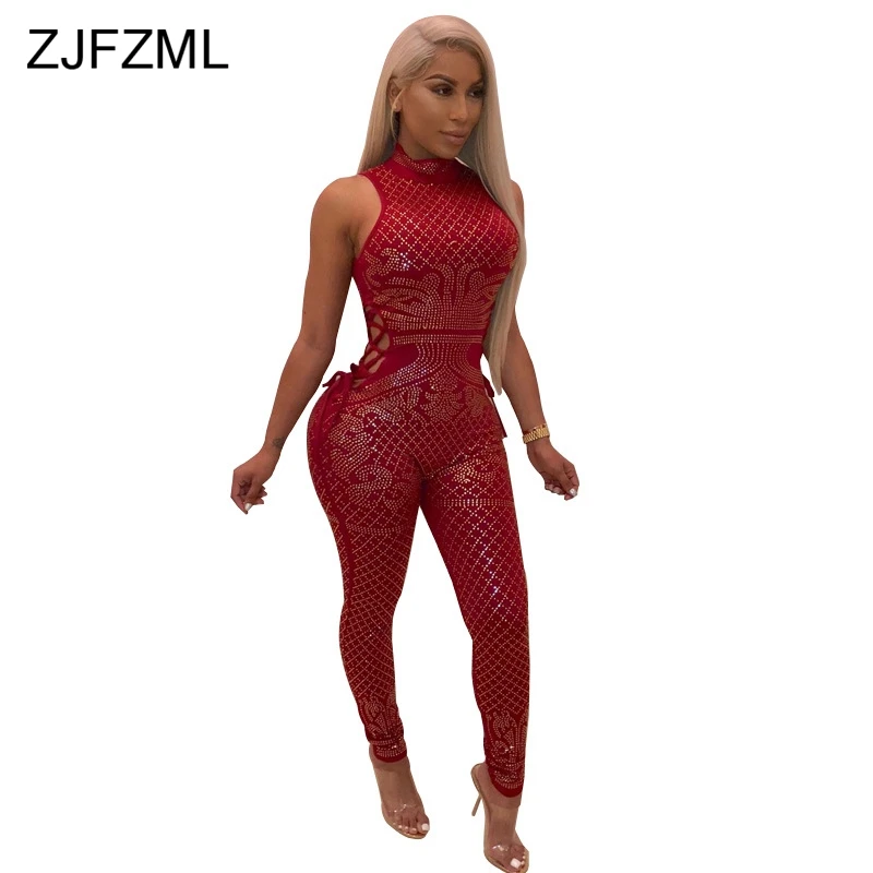 

Geometric Rhinestones Rompers Womens Jumpsuit Turtleneck Sleeveless Bodycon Party Bodysuit Casual Hollow Out Full Length Overall