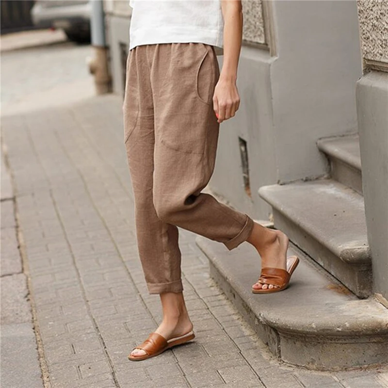Women Ankle Length Cropped Pants Solid Color Loose Casual Trousers