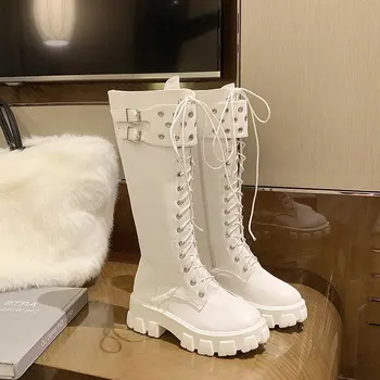 

Women Knee High Boots 2020 Fashion Gothic Shoes Square Heeled Black Combat Boots Women Front Lace Up White Leather Knee Boots