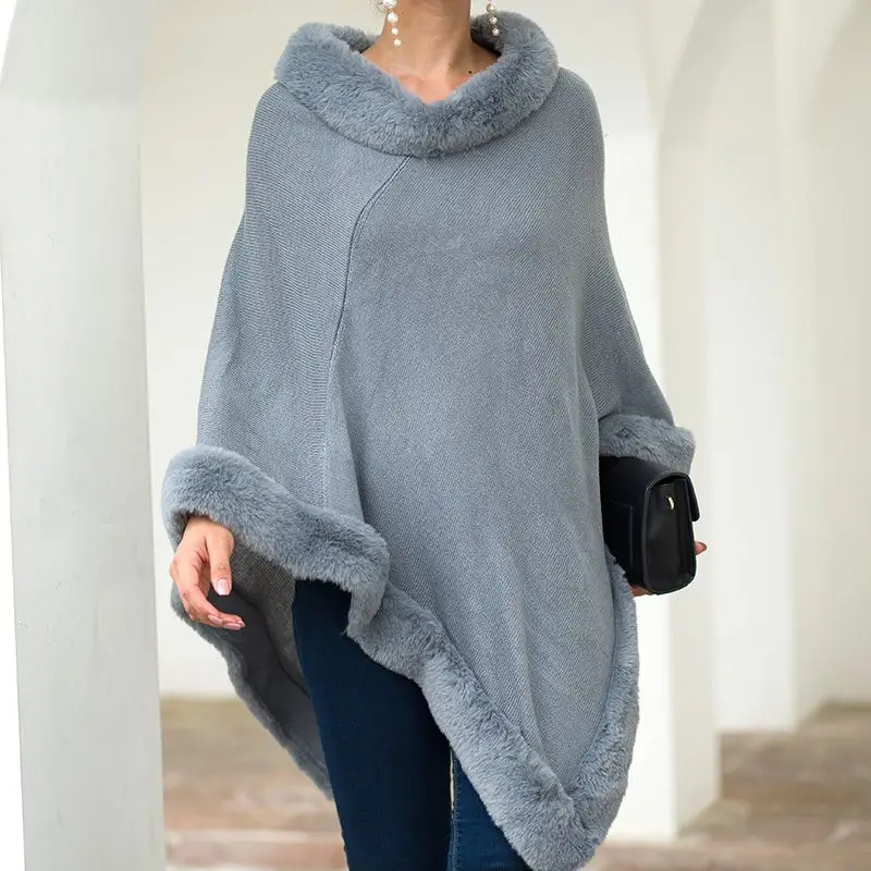 Женские кейпы, меховой край, свитер с круглым вырезом, Осень-зима, плащ, чистый цвет, Женский вязаный свитер-пончо
