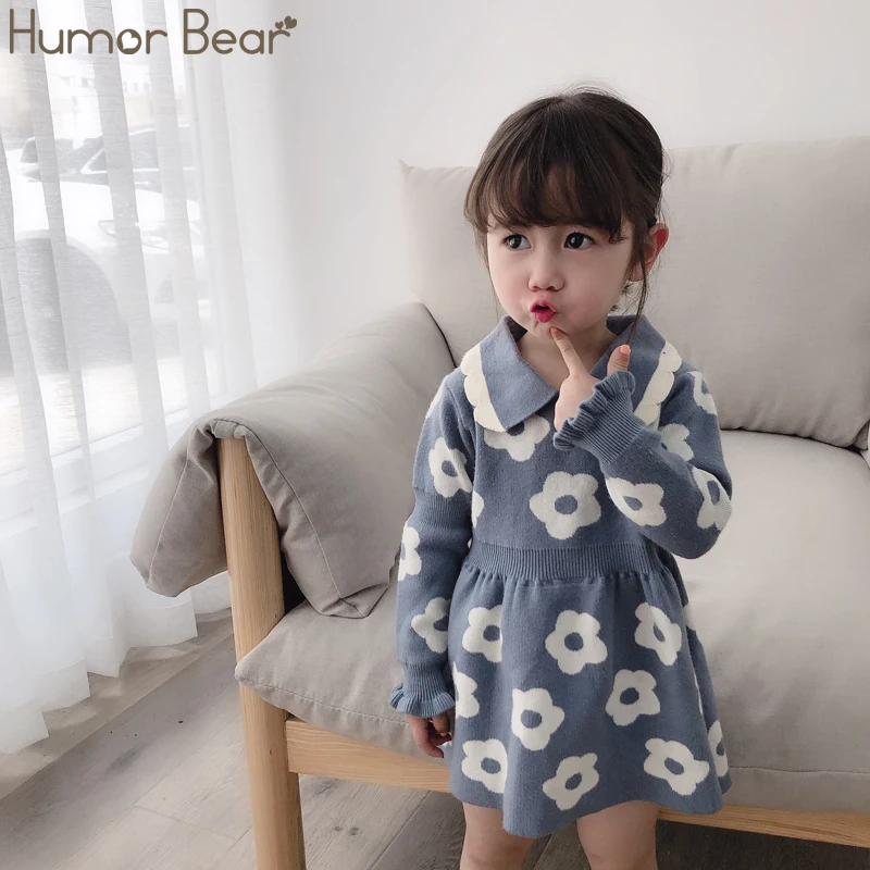 blue Humor Bear/Новинка года; свитер для девочек; сезон осень-зима; корейские платья с цветочным принтом; детский вязаный пуловер с отворотом; одежда; платье принцессы для малышей - Цвет: blue