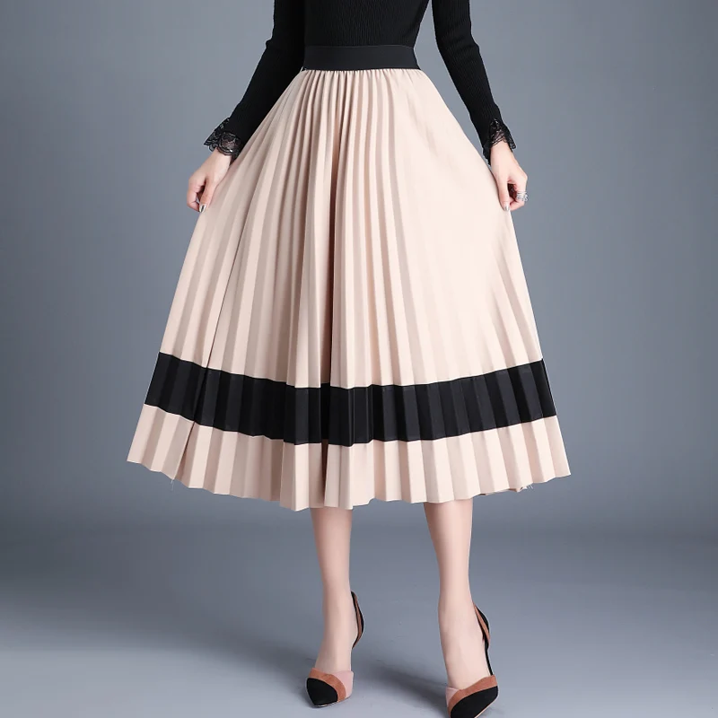 Korean Fashion Pleated Skirts Womens Elegant Woman High Waist Skirt Woman Patchwork Midi Skirts Faldas Mujer Moda OL Long Skirt